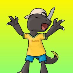 Rule 34 | brazil, closed eyes, digimon, digimon (creature), fang, hat, highres, horns, open mouth, original, solo, tail