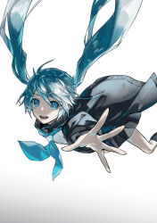Rule 34 | 1girl, ahoge, black cardigan, black sailor collar, black serafuku, black shirt, black skirt, black socks, blue eyes, blue hair, blue neckerchief, cardigan, falling, floating hair, foot out of frame, hair between eyes, hatsune miku, highres, long hair, long sleeves, looking at viewer, lower teeth only, messy hair, neckerchief, open cardigan, open clothes, open hand, open mouth, outstretched arm, pleated skirt, reaching, reaching towards viewer, rolling girl (vocaloid), sailor collar, school uniform, serafuku, shirt, sidelocks, simple background, skirt, socks, solo, teeth, twintails, vocaloid, white background, yohki