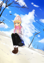 Rule 34 | 1girl, absurdres, artoria pendragon (fate), blonde hair, blue ribbon, blue skirt, blue sky, blush, boots, cloud, day, fate/stay night, fate (series), green eyes, highres, ice spirit tarot, knit hat, pantyhose, pink scarf, ribbon, saber (fate), scarf, skirt, sky, solo, squatting, sweater, winter