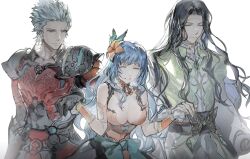 1girl 2boys armor black_hair blue_hair breasts cleavage closed_eyes dress flower hair_flower hair_ornament highres holding_hands jewelry large_breasts long_hair multiple_boys necklace noel_(saga) riio rocbouquet_(saga) romancing_saga_2 saga smile wagnas white_hair