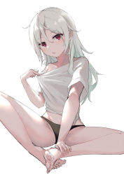 Rule 34 | 0shino, 1girl, barefoot, black panties, butterfly sitting, clothes pull, feet, highres, hot, long hair, looking at viewer, no pants, off shoulder, original, panties, parted lips, red eyes, shirt, shirt tug, short sleeves, simple background, sitting, solo, sweat, thighs, tied shirt, underwear, white background, white hair, white shirt
