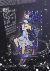Rule 34 | 1girl, absurdres, akigeneral, azur lane, blue hair, blue socks, breasts, character name, criss-cross halter, cross, floating headgear, full body, gascogne (azur lane), gascogne (muse) (azur lane), gauntlets, halterneck, headgear, highres, holding, holding cross, holding microphone, latin cross, looking at viewer, mechanical hands, medium breasts, microphone, off-shoulder jacket, off shoulder, see-through, short hair, sitting, socks, turret, vichya dominion (emblem), yellow eyes