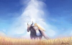 Rule 34 | 1boy, absurdres, blonde hair, blush, braid, closed eyes, cloud, day, dress, elden ring, eyelashes, happy, highres, long hair, miquella (elden ring), nianlin, outdoors, parted lips, riding, signature, sitting, sky, smile, wheat, wheat field, white dress