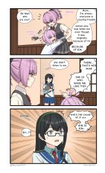 Rule 34 | &gt; &lt;, 3girls, 3koma, absurdres, ahoge, black hair, black vest, blue archive, blue eyes, blunt bangs, bow, bowtie, braid, braided bun, clipboard, collared shirt, color connection, comic, commentary, crossover, crying, durian12, english commentary, english text, engrish text, fingerless gloves, glasses, gloves, hair between eyes, hair bow, hair bun, hair color connection, hair ribbon, hairband, halo, highres, holding, holding clipboard, hug, indoors, kantai collection, kaya (blue archive), long hair, long sleeves, looking at another, multiple girls, name connection, ooyodo (kancolle), pink hair, pleated skirt, pointing, ponytail, ranguage, red bow, red bowtie, ribbon, school uniform, serafuku, shiranui (kancolle), shiranui kai ni (kancolle), shirt, short sleeves, sidelocks, single hair bun, skirt, surprised, sweatdrop, vest, white shirt