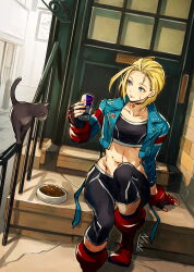 Rule 34 | 1girl, abs, absurdres, blonde hair, blue eyes, blue jacket, boots, cammy white, can, cat, facial scar, gloves, highres, holding, holding can, jacket, kujou non, leggings, medium hair, open clothes, open jacket, red bull, red footwear, red gloves, scar, scar on cheek, scar on face, sitting, solo, sports bra, street fighter, street fighter 6