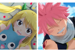Rule 34 | 1boy, 1girl, animal ears, artist name, bare shoulders, blonde hair, blue sky, breasts, brown eyes, cat, cat ears, closed eyes, cloud, crying, earrings, facing another, fairy tail, gaston18, green ribbon, grin, hair ribbon, happy, happy (fairy tail), jewelry, large breasts, long hair, looking at another, looking up, lucy heartfilia, lying, natsu dragneel, on back, open mouth, outdoors, parted lips, pink hair, ribbon, scar, scar on face, scarf, shadow, short hair, shoulder tattoo, sky, smile, spiked hair, split screen, tattoo, tears, teeth, tongue, twintails, vest