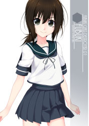 Rule 34 | 1girl, arms at sides, artist name, black eyes, black hair, blue sailor collar, blue skirt, character name, clenched hands, closed mouth, collarbone, commentary request, contrapposto, cowboy shot, fubuki (kancolle), hair between eyes, hexagon, highres, inaba shiki, kantai collection, legs apart, light smile, looking at viewer, low ponytail, medium hair, pleated skirt, ponytail, sailor collar, school swimsuit, school uniform, serafuku, short ponytail, sidelocks, simple background, skirt, slim legs, solo, standing, straight hair, swimsuit, transparent, white background, wide hips