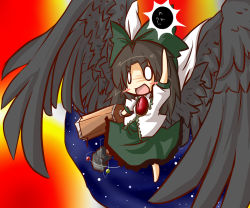 Rule 34 | 1girl, arm cannon, bird wings, black hair, blush stickers, bow, cape, energy ball, female focus, goma (gomasamune), hair bow, long hair, o o, open mouth, reiuji utsuho, short sleeves, solo, third eye, touhou, weapon, wings