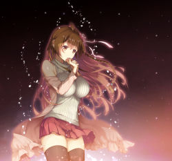 Rule 34 | 1girl, absurdres, ahoge, bare shoulders, black thighhighs, braid, breasts, brown eyes, brown hair, closed mouth, deep one (game), floating hair, game cg, gradient background, highres, itsukino konoka, large breasts, legs, long hair, matching hair/eyes, natsuhiko, off shoulder, original, own hands together, red skirt, simple background, skirt, solo, standing, sweater, thighhighs, thighs, turtleneck, zettai ryouiki