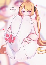 Rule 34 | 1girl, absurdres, ass, bad id, bad pixiv id, bare shoulders, blonde hair, blush, chinese commentary, commentary request, feet, foot focus, foreshortening, heart, heart-shaped pupils, heart in eye, highres, knees, legs, long hair, looking at viewer, no shoes, original, pantyhose, paw print soles, pink eyes, soles, solo, spoken blush, symbol-shaped pupils, symbol in eye, thighband pantyhose, toes, topless, twintails, white pantyhose, yao (pixiv9482697), zoom layer