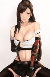 Rule 34 | 1girl, asymmetrical gloves, breasts, cleavage, final fantasy, final fantasy vii, final fantasy vii remake, gloves, gradient background, highres, j@ck, large breasts, simple background, skirt, solo, suspender skirt, suspenders, thighhighs, tifa lockhart, uneven gloves