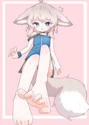 Rule 34 | 1girl, absurdres, ahoge, animal ears, arknights, bare legs, barefoot, black choker, blue eyes, blue vest, bracelet, choker, feet, flying sweatdrops, foreshortening, fox ears, fox girl, fox tail, grey hair, highres, infection monitor (arknights), jewelry, material growth, open mouth, oripathy lesion (arknights), protected link, rano u rabe, solo, strap slip, sussurro (arknights), tail, toes, vest