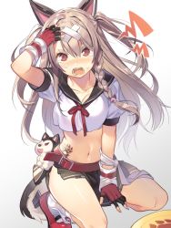 Rule 34 | 1girl, angry, animal ears, azur lane, bandages, belt, belt buckle, black skirt, blue nails, blush, braid, breasts, buckle, cat ears, collarbone, commentary request, crop top, crop top overhang, crossed bandaids, fangs, fingerless gloves, fingernails, gloves, gradient background, green nails, grey background, hair ornament, hand on own head, kneeling, light brown hair, long hair, looking at viewer, loose socks, medium breasts, midriff, multicolored nails, nail polish, natasha (pommier), navel, nose blush, open mouth, orange nails, pink nails, pleated skirt, puffy sleeves, red belt, red eyes, red footwear, red ribbon, ribbon, school uniform, serafuku, shirt, shoes, side braid, single braid, skirt, socks, tail, tattoo, tears, thick eyebrows, two side up, very long hair, white background, white shirt, white socks, wolf ears, wolf girl, wolf tail, yuudachi (azur lane)