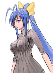 Rule 34 | 1girl, antenna hair, arc system works, blazblue, blazblue remix heart, blue hair, bow, breasts, drawfag, genderswap, genderswap (mtf), hair bow, impossible clothes, impossible sweater, large breasts, long hair, looking at viewer, mai natsume, ponytail, purple eyes, ribbed sweater, ribbon, simple background, sleeves rolled up, solo, sweater, turtleneck, upper body, very long hair, white background, yellow bow