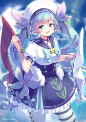 Rule 34 | 1girl, blue dress, blue eyes, blue hair, dress, duel monster, flag, flower, hair flower, hair ornament, hat, highres, holding, holding flag, kanzakietc, looking at viewer, sailor, sailor collar, sailor hat, smile, solo, standing, staysailor romarin, twintails, yu-gi-oh!