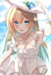 Rule 34 | 1girl, beach, blonde hair, blue eyes, blue flower, blue nails, blush, breasts, cleavage, cloud, collarbone, cowboy shot, day, dress, earrings, flower, frilled dress, frills, hand on headwear, hat, hat flower, highres, jewelry, long hair, looking at viewer, medium breasts, nail polish, ocean, open mouth, original, outdoors, ring, smile, solo, sun hat, sundress, thighhighs, umidemi, very long hair, water, white dress, white hat, white thighhighs