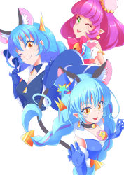 Rule 34 | 1girl, ;), animal ear fluff, animal ears, bell, between fingers, black choker, blue cat (precure), blue gloves, blue hair, blue headwear, brooch, cat ears, cat tail, choker, cure cosmo, elbow gloves, unworn eyewear, gloves, green eyes, hat, unworn headwear, highres, holding, holding removed eyewear, jewelry, long hair, looking at viewer, magical girl, mao (star twinkle precure), mini hat, one eye closed, open mouth, pink hair, pointy ears, precure, shiruppo, short hair, smile, star (symbol), star twinkle precure, sunglasses, tail, twintails, yellow eyes