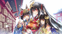 Rule 34 | 3girls, :d, ahoge, animal ear fluff, animal ears, azur lane, black hair, blue kimono, blunt bangs, blush, breasts, calligraphy brush, commentary request, crossed bangs, day, english text, fang, fingernails, floral print, fox ears, from side, hair between eyes, hair ornament, hair ribbon, hatsumoude, headpiece, height difference, holding, japanese clothes, jewelry, kangetsu (fhalei), kimono, large breasts, long hair, long sleeves, multiple girls, mutsu (azur lane), nagato (azur lane), necklace, new year, one side up, open mouth, paintbrush, parted lips, red eyes, red kimono, red ribbon, ribbon, short hair, sleeves past wrists, smile, snowing, taihou (azur lane), torii, translation request, wide sleeves, writing, yellow eyes, yellow kimono