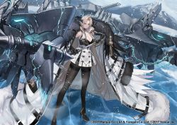 Rule 34 | 1girl, absurdres, azur lane, black gloves, blonde hair, blue eyes, breasts, cleavage, coat, coat on shoulders, commentary request, dress, elbow gloves, full body, fur trim, gloves, gold trim, hair ornament, high heels, highres, holding, ice, kronshtadt (azur lane), large breasts, long hair, looking at viewer, machinery, military, military uniform, mole, mole on breast, mountain, official art, outdoors, pantyhose, sheath, short dress, simple background, smile, snow, snowing, solo, sword, turret, uniform, very long hair, weapon, zonotaida