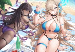 Rule 34 | 2girls, absurdres, alternate costume, arm strap, ass, asuna (blue archive), bare shoulders, barefoot, beach, beach towel, bikini, black choker, black hair, blonde hair, blue archive, blue bikini, blue eyes, blue nails, blue ribbon, blue scrunchie, blush, bottle, breasts, can, choker, cleavage, collarbone, cooler, dark-skinned female, dark skin, drink, from above, hair ornament, hair over one eye, hair ribbon, halo, hand up, highres, ice, karin (blue archive), kneeling, large breasts, long hair, looking back, looking up, lying, morung, multicolored hair, multiple girls, nail polish, navel, on stomach, one eye covered, outdoors, parted lips, purple bikini, purple hair, ribbon, scrunchie, side-tie bikini bottom, smile, soles, stomach, sweat, swimsuit, teeth, thigh strap, thighs, towel, two-tone hair, very long hair, water, wet, wrist scrunchie, yellow eyes