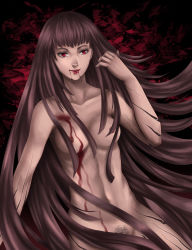 Rule 34 | 1girl, absurdres, blood, blood from mouth, blood on breasts, breasts, brown hair, claymore (series), dark areolae, female pubic hair, highres, long hair, navel, nipples, pubic hair, red eyes, red lips, riful, roland-gin, solo