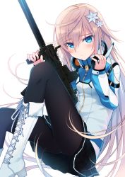 Rule 34 | 1girl, black pantyhose, blonde hair, blush, boots, character request, closed mouth, commission, eyebrows, gun, hair between eyes, hair ornament, headphones, highres, holding, holding gun, holding weapon, long hair, nikyuppa, pantyhose, phantasy star, phantasy star online 2, pleated skirt, sitting, skirt, solo, weapon, white footwear