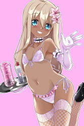 Rule 34 | 1girl, aqua eyes, artificial vagina, bikini, black footwear, blonde hair, bottle, choker, collarbone, commentary request, cowboy shot, dark-skinned female, dark skin, elbow gloves, fishnet thighhighs, fishnets, flat chest, frilled bikini, frilled choker, frills, gin (shioyude), gloves, grin, groin, high heels, kantai collection, long hair, looking at viewer, navel, pink background, ro-500 (kancolle), sex toy, side-tie bikini bottom, simple background, smile, solo, squeeze bottle, standing, standing on one leg, swimsuit, thighhighs, tray, waving, white bikini, white gloves, white thighhighs