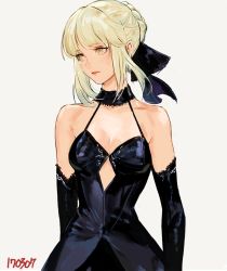 Rule 34 | 1girl, 2017, artoria pendragon (all), artoria pendragon (fate), bare shoulders, black bow, black dress, black neckwear, black ribbon, blonde hair, bow, braid, breasts, choker, cleavage, closed mouth, dated, dress, elbow gloves, fate/grand order, fate/stay night, fate (series), french braid, gloves, hair bow, hair ribbon, lips, looking away, medium breasts, pink lips, ribbon, saber (fate), saber alter, short hair, sidelocks, simple background, sleeveless, sleeveless dress, solo, standing, takssmask, upper body, white background, yellow eyes