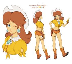 Rule 34 | 1girl, alternate costume, artist name, blue eyes, breasts, brown hair, character name, color guide, cowboy, cowboy hat, cowboy western, daisy, earrings, english text, facing away, facing viewer, flower, flower earrings, full body, gun, hat, holding, holding gun, holding weapon, holster, jewelry, jivke, mario (series), midriff, multiple views, navel, nintendo, one eye closed, princess daisy, short, short shorts, shorts, simple background, super mario land, super smash bros., weapon, western, white background, wink