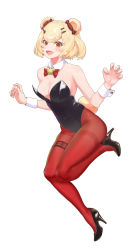 Rule 34 | 1girl, animal ears, arknights, bare shoulders, bear ears, bear tail, black footwear, black leotard, blonde hair, blush, bow, bowtie, breasts, candy hair ornament, covered navel, detached collar, fang, fingernails, food-themed hair ornament, full body, gummy (arknights), hair ornament, hairclip, high heels, highleg, highleg leotard, highres, hitoshi (slambird), leotard, long fingernails, looking at viewer, medium breasts, nail polish, nontraditional playboy bunny, open mouth, orange eyes, pantyhose, playboy bunny, red pantyhose, shoes, short hair, simple background, smile, solo, strapless, strapless leotard, tail, thigh strap, thighband pantyhose, white background, wing collar, wrist cuffs