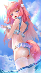 Rule 34 | 1girl, absurdres, animal ears, ass, back, bare arms, bare shoulders, bikini, blue bikini, blue sky, blunt bangs, breasts, day, fang, frilled bikini, frills, from behind, highres, long hair, looking at viewer, medium breasts, o-ring, ocean, open mouth, original, outdoors, purple eyes, red hair, signature, skin fang, sky, smile, solo, summer, swimsuit, tail, thighhighs, thighs, wading, wet, white thighhighs, zuic