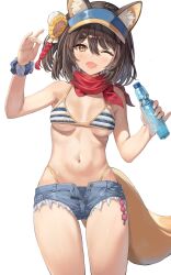 Rule 34 | 1girl, animal ears, blue archive, blue shorts, blush, breasts, brown eyes, cleavage, denim, denim shorts, fang, groin, hair ornament, highres, holding, izuna (blue archive), izuna (swimsuit) (blue archive), lowleg, medium breasts, medium hair, micro shorts, navel, one eye closed, open mouth, ramune, rangen, scrunchie, shorts, simple background, skin fang, smile, stomach, tail, underboob, white background, wrist scrunchie