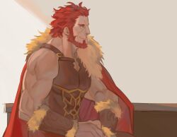 Rule 34 | 1boy, armor, beard, bracer, breastplate, cape, cleavage cutout, clothing cutout, commentary request, facial hair, fate/grand order, fate (series), from side, fur-trimmed cape, fur trim, halorane, highres, iskandar (fate), korean commentary, leather, looking to the side, male focus, mature male, muscular, muscular male, pectoral cleavage, pectorals, red eyes, red hair, short hair, smile, solo, stomach, upper body