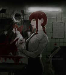 Rule 34 | 1girl, 2others, black necktie, black pants, blood, blood on mirror, braid, braided ponytail, chainsaw man, collared shirt, crack, cracked glass, hat, highres, kamo (kamonegioisi), looking at viewer, makima (chainsaw man), medium hair, multiple others, necktie, pants, red hair, reflection, ringed eyes, shirt, shirt tucked in, sidelocks, sideways glance, tile wall, tiles, top hat, twitter username, watermark, white shirt, yellow eyes