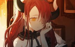 Rule 34 | 1girl, bizet, commentary request, demon girl, demon horns, expressionless, hair over one eye, hand up, highres, horns, long hair, looking at viewer, monster girl, original, red hair, solo, upper body, very long hair, yellow eyes