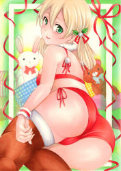 Rule 34 | 1girl, ass, bare shoulders, bikini, blonde hair, blush, bra, breasts, cameltoe, christmas, from behind, green eyes, hair ornament, highres, kantai collection, long hair, looking at viewer, looking back, lying, on side, open mouth, panties, prinz eugen (kancolle), santa costume, saya pr, shiny skin, sideboob, smile, solo, swimsuit, thighhighs, twintails, underwear, wristband