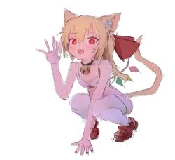 Rule 34 | :d, animal ears, bell, blonde hair, blush, bow, bra, breasts, brown footwear, cat ears, cat girl, claw pose, fangs, flandre scarlet, hair bow, hand on ground, heart, heart-shaped pupils, looking at viewer, nail polish, neck bell, open mouth, red bow, red eyes, red nails, reddizen, shoes, simple background, small breasts, smile, solo, squatting, symbol-shaped pupils, tagme, tail, thighhighs, touhou, underwear, white background, white bra, white thighhighs, wings