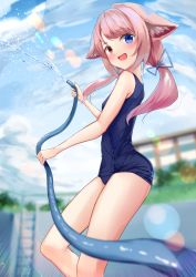 Rule 34 | 1girl, :d, absurdres, akinakesu-chan, animal ear fluff, animal ears, bare arms, bare shoulders, blue eyes, blue one-piece swimsuit, blue sky, blurry, blurry background, cloud, cloudy sky, commentary, commission, day, depth of field, english commentary, feet out of frame, heterochromia, highres, holding, hose, lens flare, long hair, low twintails, old school swimsuit, one-piece swimsuit, open mouth, original, outdoors, pink hair, red eyes, school swimsuit, sky, smile, solo, swimsuit, twintails, water