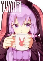 Rule 34 | 1girl, animal hood, character name, coffee mug, commentary request, cup, fingernails, highres, holding, holding cup, hood, hood up, hoodie, long sleeves, looking at viewer, mug, open clothes, open hoodie, open mouth, purple eyes, purple hair, purple ribbon, rabbit hood, ribbon, short hair with long locks, sidelocks, simple background, sleeves past wrists, solo, takepon1123, twitter username, upper body, vocaloid, white background, yuzuki yukari