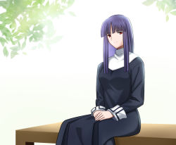 Rule 34 | 1girl, asagami fujino, bench, black dress, blunt bangs, breasts, closed mouth, commentary request, dress, highres, kara no kyoukai, light smile, long hair, long sleeves, looking at viewer, medium breasts, neckerchief, outdoors, own hands together, plant, purple hair, red eyes, reien girl&#039;s academy school uniform, rio0237, school uniform, sidelocks, sitting, smile, solo, straight hair, uniform, white neckerchief, wooden bench