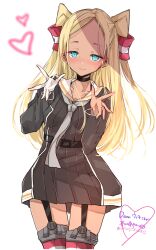 Rule 34 | 1girl, absurdres, amatsukaze (kancolle), amatsukaze (kancolle) (cosplay), aqua eyes, ascot, blonde hair, blush, brown dress, chigasaki yukari, closed mouth, commentary request, cosplay, dark-skinned female, dark skin, dress, forehead, garter straps, gloves, grey ascot, hair tubes, hands up, heart, highres, idolmaster, idolmaster cinderella girls, kantai collection, layla (idolmaster), long hair, long sleeves, looking at viewer, red thighhighs, sailor collar, sailor dress, second-party source, simple background, single glove, solo, striped clothes, striped thighhighs, thighhighs, two side up, white background, white gloves, white sailor collar