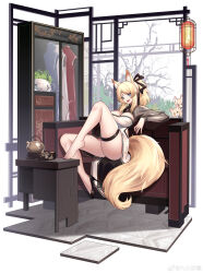 Rule 34 | 1girl, :d, absurdres, alternate costume, animal ear fluff, animal ears, arknights, black footwear, black ribbon, blemishine (arknights), blonde hair, blue eyes, breasts, chibi, chibi inset, china dress, chinese clothes, cleavage, closet, commentary request, couch, dress, full body, hair ribbon, high heels, highres, horse ears, horse girl, horse tail, jiusan naitang, lantern, large breasts, leg up, legs, long hair, long sleeves, looking at viewer, mlynar (arknights), open mouth, plant, ponytail, potted plant, ribbon, see-through, see-through sleeves, single barefoot, single sleeve, sitting, smile, solo, solo focus, table, tail, teapot, thigh strap, whislash (arknights), white dress, window