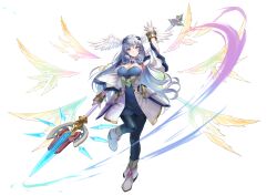 Rule 34 | 1girl, absurdres, arm up, black pantyhose, blue dress, blue eyes, boots, breasts, brown wings, cleavage, commentary request, commission, detached sleeves, dress, feathered wings, gloves, grey hair, hair between eyes, head wings, highres, holding, holding polearm, holding weapon, jacket, large breasts, long hair, long sleeves, looking at viewer, melia antiqua, pantyhose, pixiv commission, polearm, rin2008, simple background, smile, solo, spear, standing, standing on one leg, strapless, strapless dress, v-shaped eyebrows, very long hair, weapon, white background, white footwear, white gloves, white jacket, white wings, wide sleeves, wings, xenoblade chronicles (series), xenoblade chronicles 3
