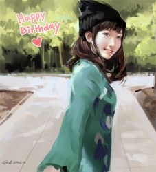 Rule 34 | 1girl, bad id, bad pixiv id, beanie, black hair, grin, happy birthday, hat, lilaccu, looking at viewer, nanjou yoshino, outdoors, pavement, reaching, reaching towards viewer, real life, realistic, smile, solo, sweater, twitter username, upper body, voice actor