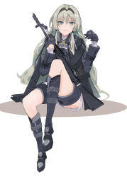 Rule 34 | 1girl, absurdres, an-94, an-94 (girls&#039; frontline), aqua eyes, arm up, assault rifle, black footwear, black gloves, black hairband, blonde hair, blush, boots, cloak, closed mouth, commission, full body, girls&#039; frontline, gloves, gun, hairband, highres, holding, holding gun, holding weapon, long hair, looking at viewer, reraise, rifle, sitting, skeb commission, smile, solo, tactical clothes, weapon, white background
