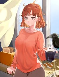 Rule 34 | 1girl, bird, bread slice, breasts, coffee, coffee mug, commentary request, crow, cup, curtains, drawer, food, highres, holding, holding cup, indoors, jun (navigavi), leaning on table, long sleeves, medium hair, messy hair, mug, original, red eyes, red hair, shirt, solo, steam, toast, toaster, window, wrapper