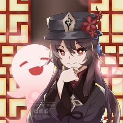 Rule 34 | 1girl, :d, architecture, black hair, chinese clothes, close-up, commentary, commentary request, east asian architecture, flower, genshin impact, ghost, hair between eyes, hand on own chin, hat, hat flower, hat ornament, highres, hu tao (genshin impact), jewelry, long hair, long sleeves, looking at viewer, monsidraws, open mouth, red eyes, ring, sidelocks, smile, symbol-shaped pupils, twintails, watermark, window