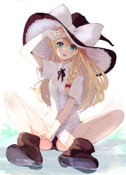 Rule 34 | 1girl, aqua eyes, black footwear, black panties, blonde hair, bow, braid, breasts, collared shirt, commentary request, full body, hair between eyes, hair bow, hat, hat bow, kirisame marisa, long hair, long sleeves, looking away, lumo 1121, no pants, open mouth, panties, shirt, shoes, short sleeves, side braid, sitting, small breasts, solo, spread legs, thighs, touhou, underwear, wavy hair, white bow, white shirt, witch hat, yellow eyes