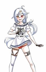 Rule 34 | 1girl, :d, ahoge, azur lane, bandaid, bandaid on face, bandaid on nose, character request, clothes writing, commentary, dog tags, english commentary, eyes visible through hair, fang, feet out of frame, fingerless gloves, gloves, gluteal fold, hair ribbon, heterochromia, legs apart, long hair, looking at viewer, mole, mole under eye, no pants, open mouth, panties, ponytail, red eyes, red panties, ribbon, short sleeves, simple background, single thighhigh, smile, solo, thigh strap, thighhighs, twrlare, underwear, very long hair, white background, white hair, white ribbon, white thighhighs, yellow eyes