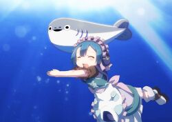 Rule 34 | 1boy, black mouth, blue hair, closed eyes, commentary, fish, foot out of frame, hashtag-only commentary, lycoris recoil, made in abyss, maid, maid headdress, male focus, maruruk, meme, open mouth, outstretched arms, own hands together, palms together, sacabambaspis, sakana~ (meme), scene reference, short hair, short sleeves, solo, standing, standing on one leg, teeth, trap, upper teeth only, ximu shilang